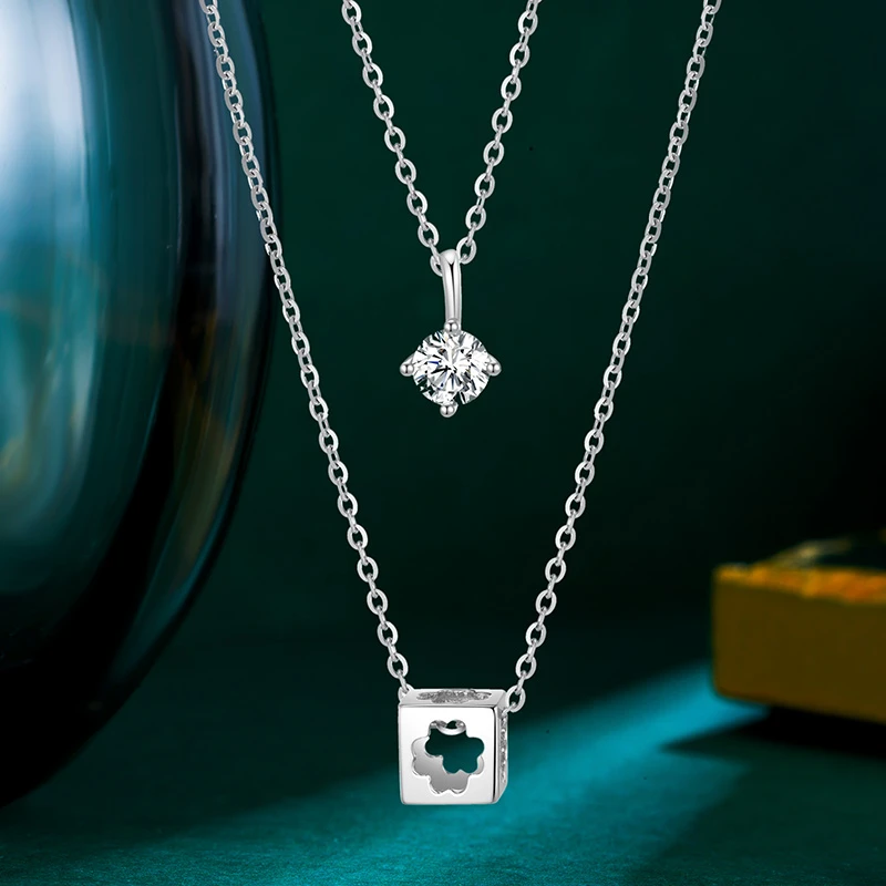 老庙 坠链均925银合成锆石 幸运流转项链S925银镶钻叠链时尚套链