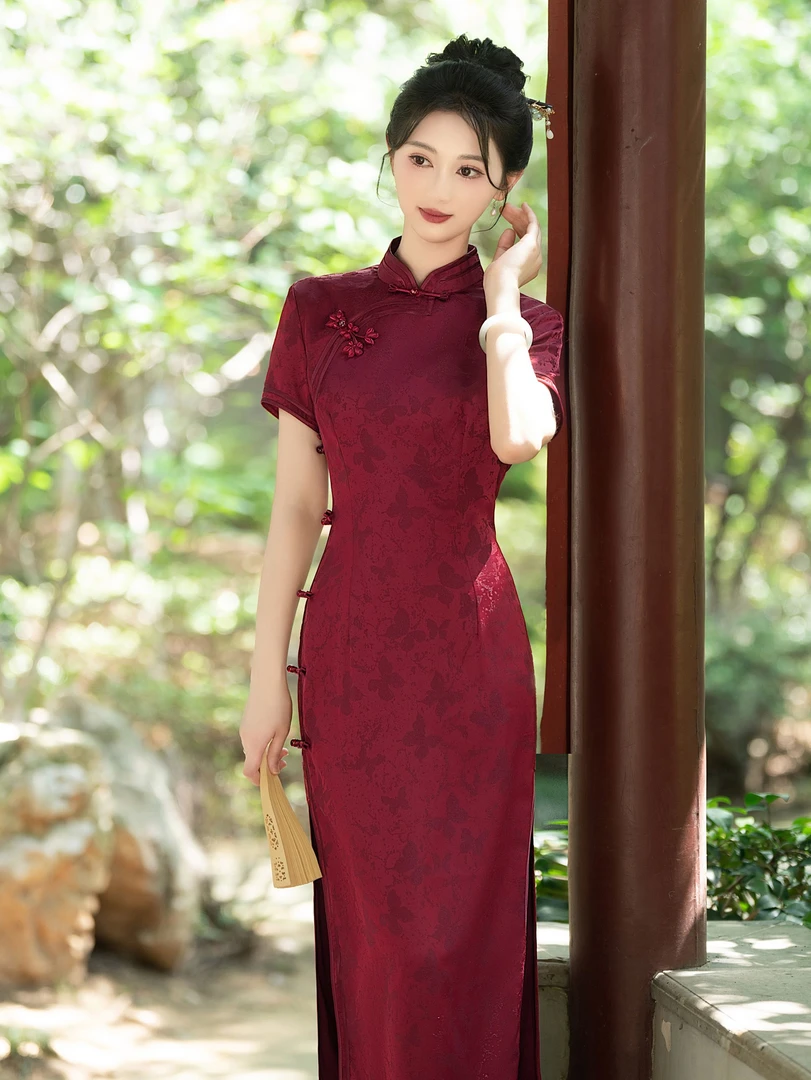 喜妈妈古法夏季新款高级手工旗开得胜长款旗袍中式气质大码时尚