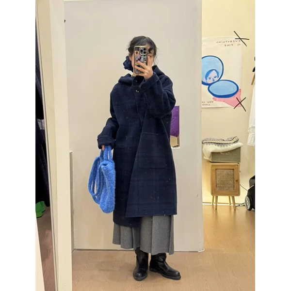 格子连帽双面羊绒大衣女2024秋冬韩系宽松休闲中长款毛呢外套