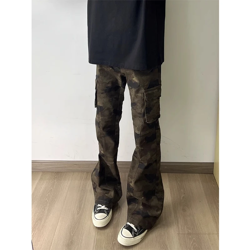 美式高街迷彩工装裤男款多口袋直筒裤子cleanfit窄版修身微喇长裤