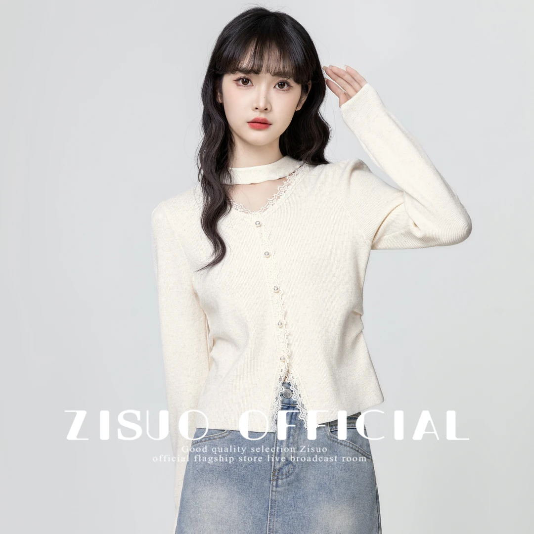 镂空挂脖v领针织衫女2025春秋新款蕾丝拼接设计感打底衫短款上衣