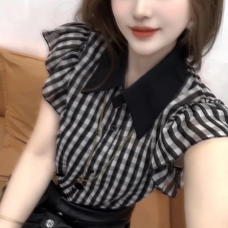 气质POLO领条纹正肩短袖衬衫女2025夏季新款宽松显瘦百搭洋气上衣