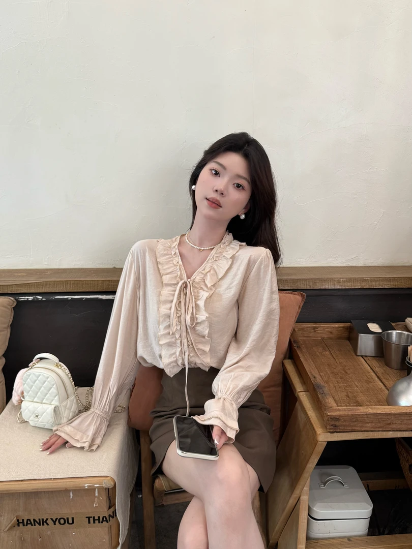 【如梦生花】韩系气质绑带木耳V领衬衣设计感长袖花边温柔衬衫上衣