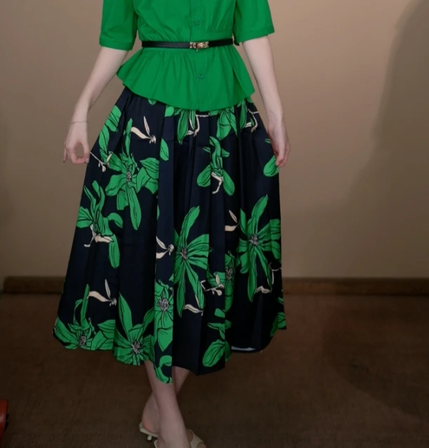 小井定制私服【】新款高腰纺丝印花半身裙J25Z012