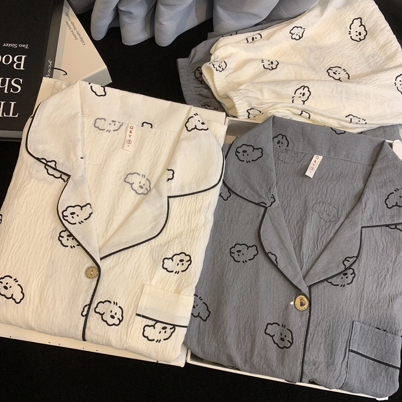 日系卡通云朵棉情侣睡衣长袖学生休闲大码男女套装家居服薄春秋款