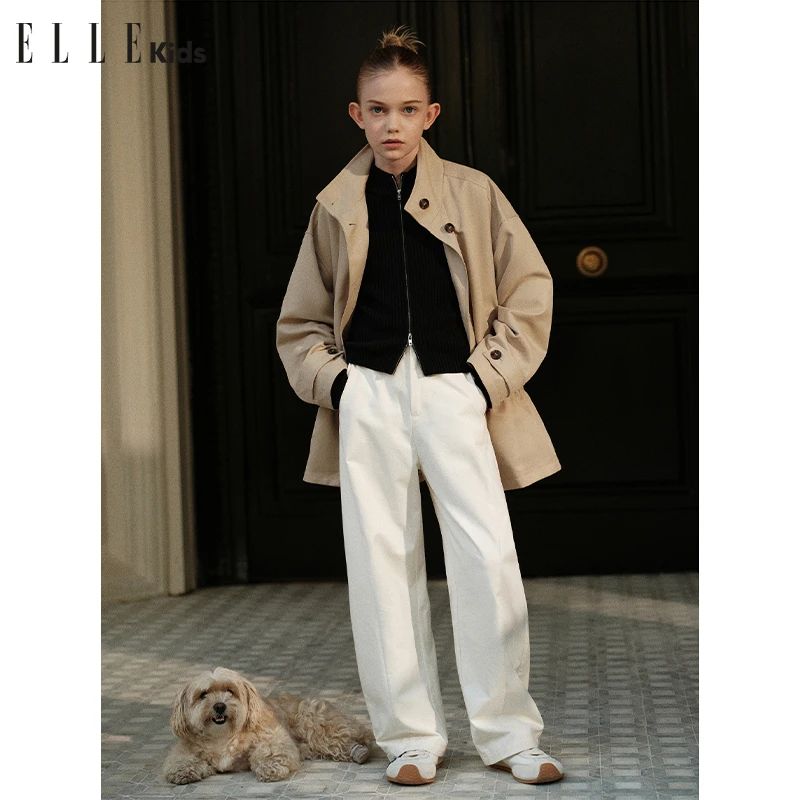 ELLE KIDS童装 复古休闲女儿童秋季新款宽松可调节腰百搭弯刀裤F2