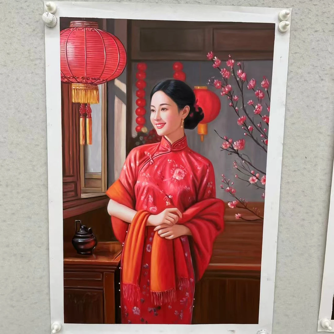 林彦新 ***都市丽人-旗袍梅花 约60*90厘米-手绘油画-麻布