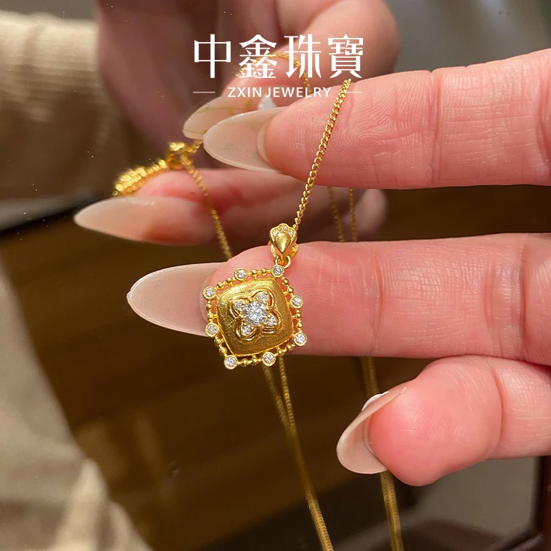 ZxIn/中鑫珠宝 星河筑梦黄金项链古法点钻真钻镶嵌套链小众首饰女