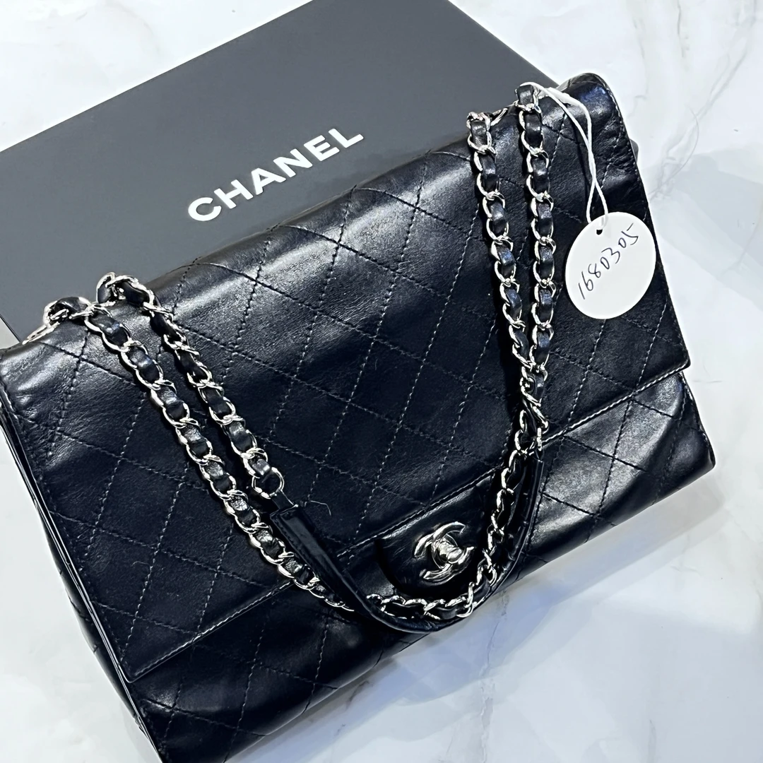 95新 Chanel/香奈儿 夏七中古/黑银风琴单肩包/1680305