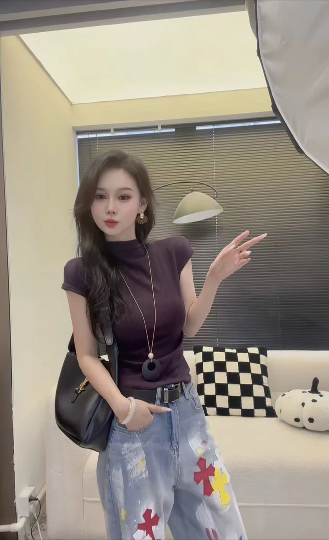 【DXJ家定制】自制新款半高领修身飞飞袖上衣正肩显瘦早秋薄款上衣