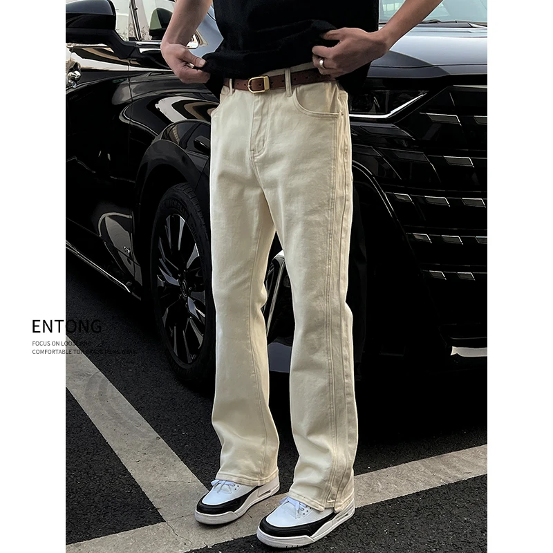 Entong美式潮牌复古微宽松水洗牛仔裤男生秋冬加绒百搭修身微喇裤