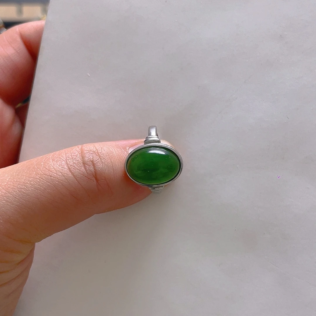 和田玉戒指银S925镀金镶嵌