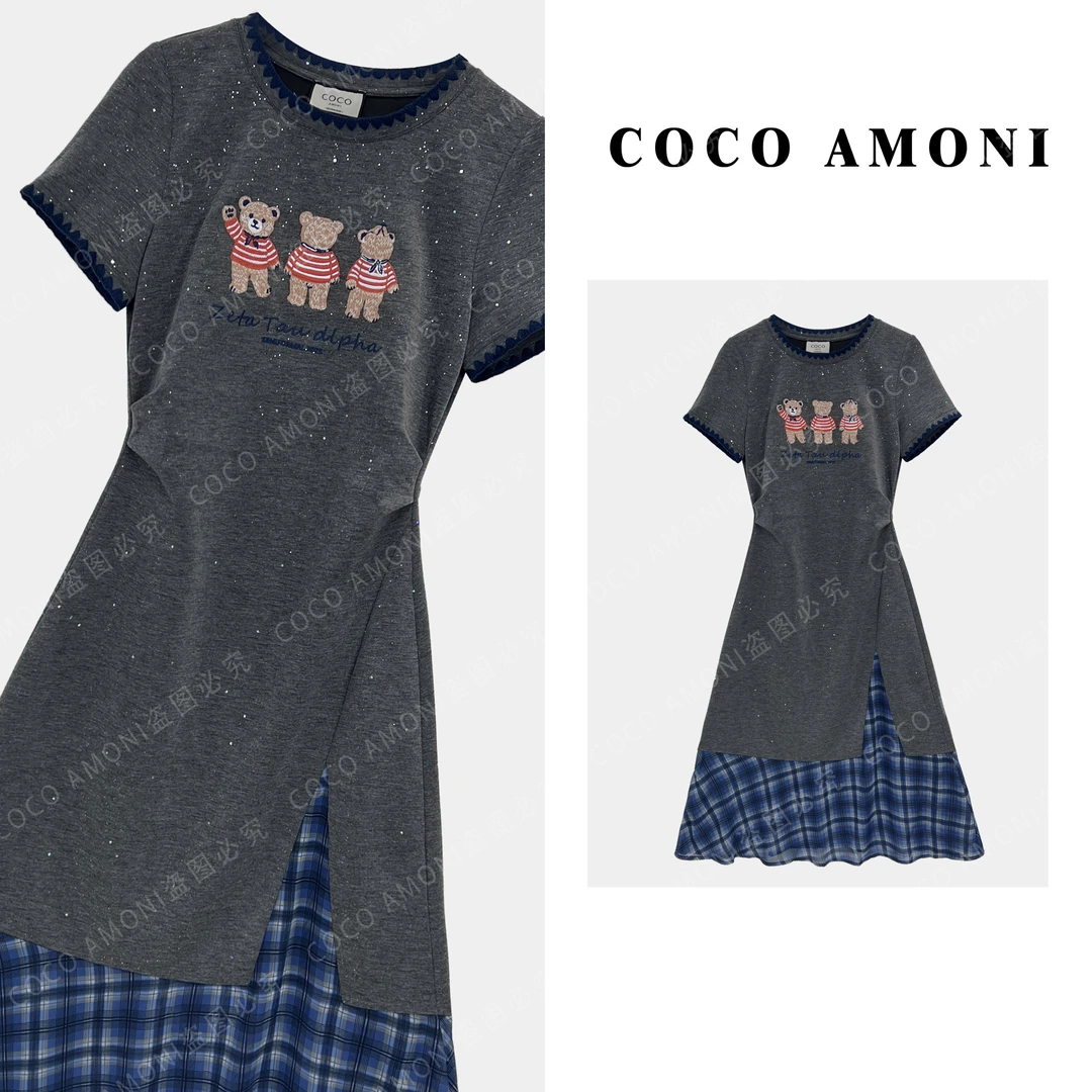 夏季新款高级卡通小熊女装拼接带亮钻休闲气质连衣裙AC455