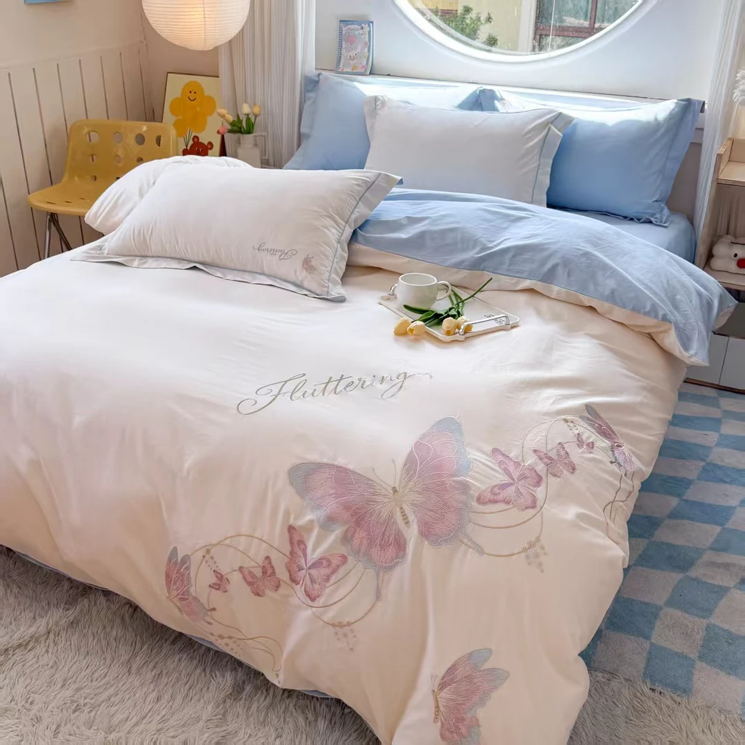 全棉纯棉简约刺绣田园轻奢款床上用品纯棉四件套