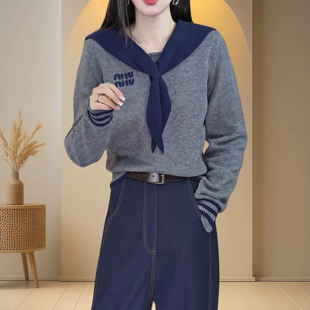韩系海军领假两件针织打底衫女装秋冬新款上衣刺绣字母毛衣设计感