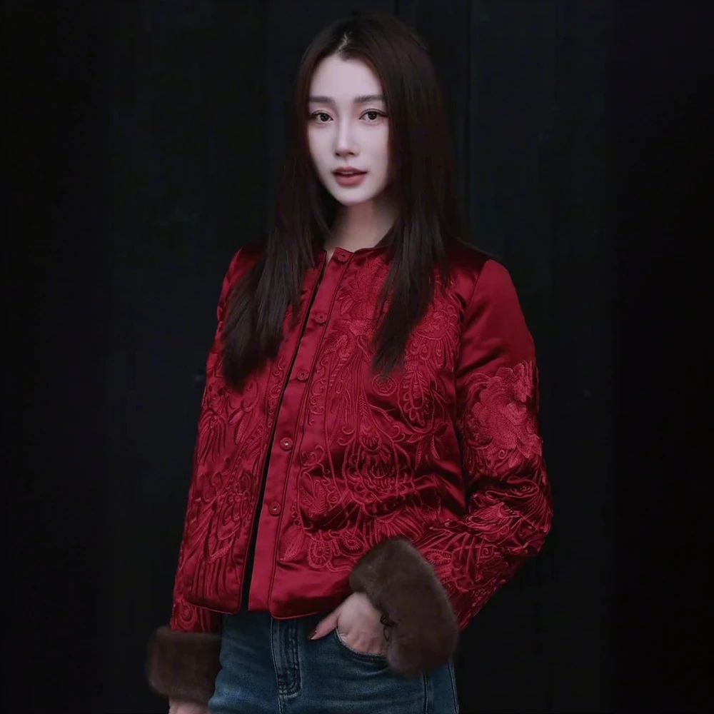 冬季新中式国风重工刺绣加棉加厚外套女红色复古百搭长袖棉衣保暖