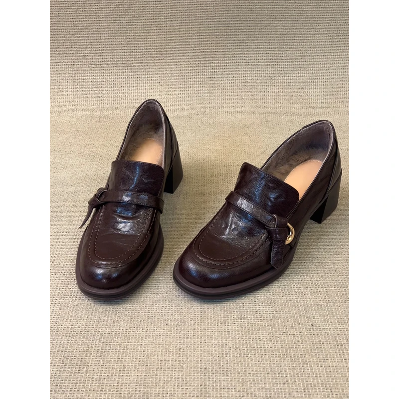 nnmiss/6cm英伦圆头粗跟一脚蹬小皮鞋学院风皮带扣通勤乐福鞋