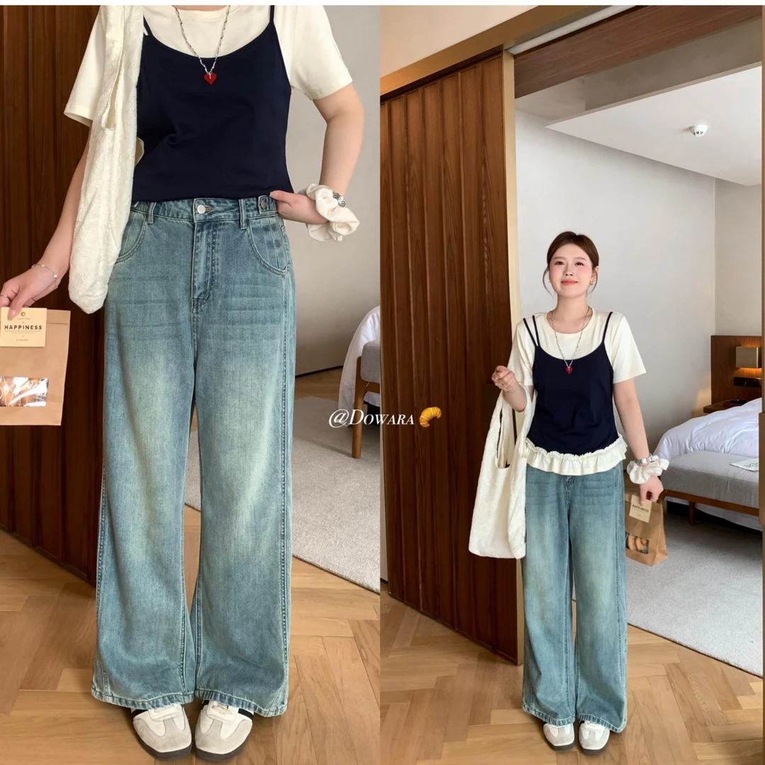 现货6820D大婉酱肉肉微胖定制【不挑腿型】女款夏季小众直筒牛仔裤