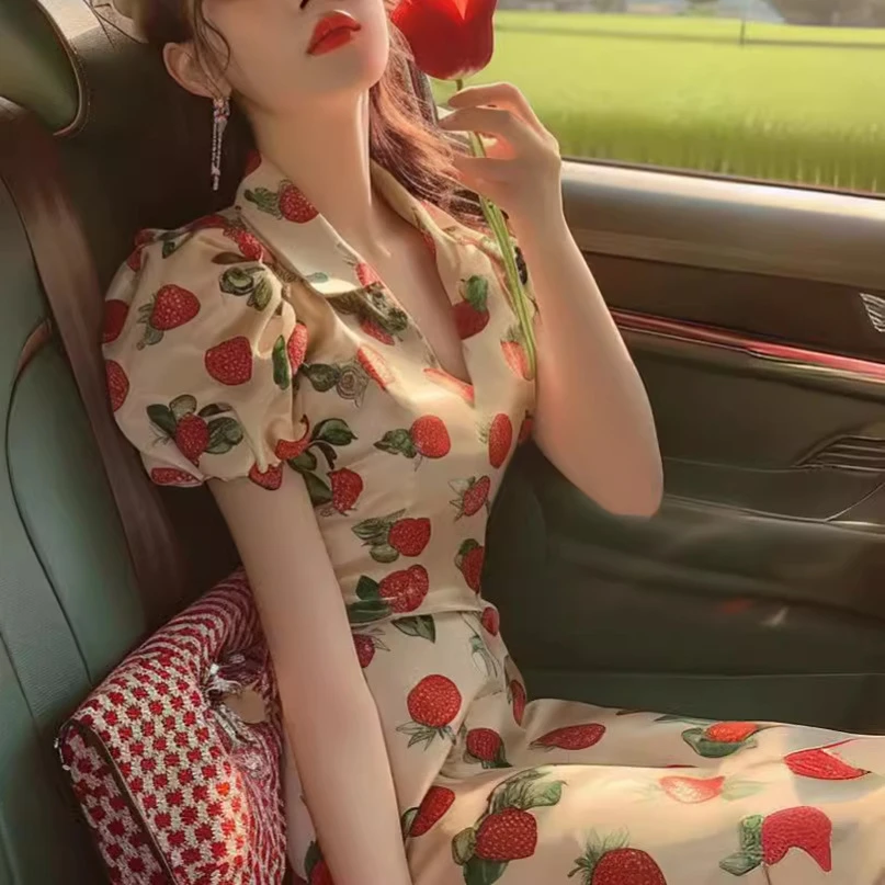 法式高级感米杏色草莓印花泡泡袖连衣裙女夏季御姐风高端精致裙子