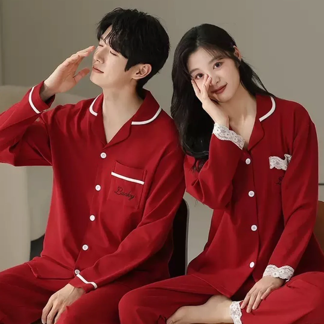 情侣春秋款大红色新婚结婚长袖长裤睡衣家居服