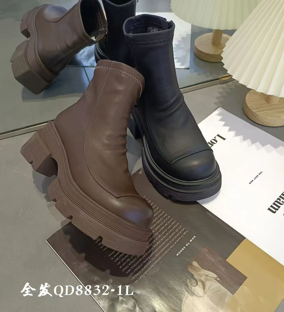 QD8832-1L 欧洲站真皮瘦瘦靴2024新款厚底女时尚百搭英伦风马丁靴