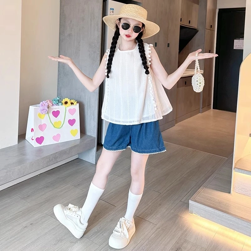 女童夏装套装2025新款儿童洋气无袖娃娃衫大童女孩牛仔短裤两件套