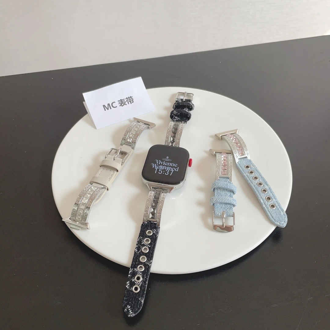 MC复古小香风适用华为fit4手表带4pro金属镶钻fit3丹宁风华为腕带