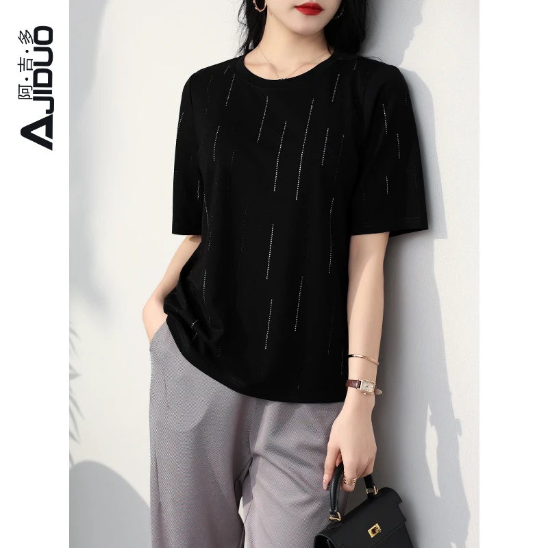 阿吉多黑色亮闪闪短袖T恤女夏2025新款大码气质中年妈妈正肩上衣