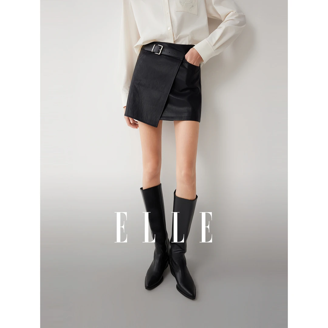 ELLE女装不对称半身裙2025冬新款通勤时髦小众a字短裙ER53068