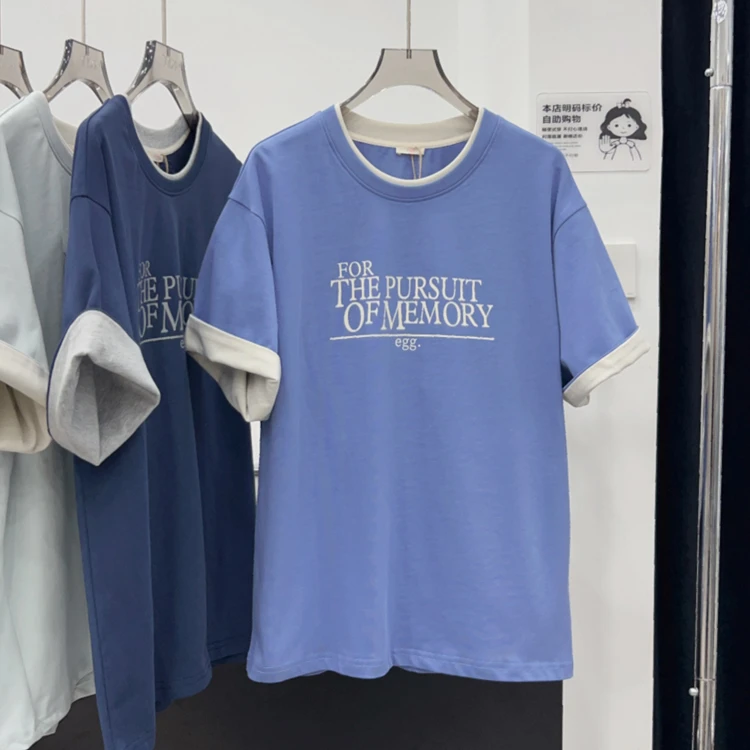 韩国egg正品2230撞色T恤女2025春夏新款字母印花韩系百搭纯棉上衣