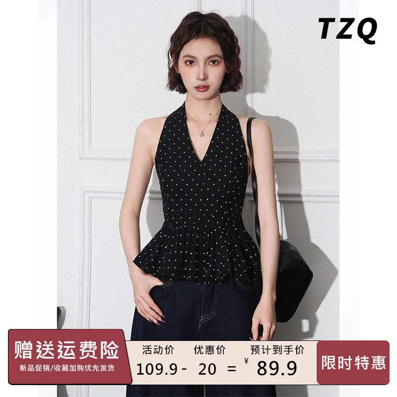 黑色波点挂脖吊带背心女夏季外穿内搭爆款无袖美背上衣TZQ2550107