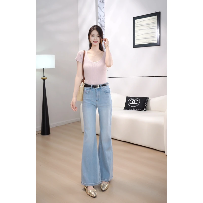 冰皮触感清凉浅蓝色四面弹牛仔裤女夏季直筒喇叭裤高弹力悬垂顺滑