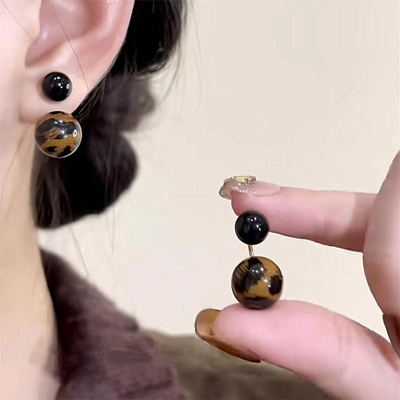 铜合金耳饰 早秋美拉德豹纹圆球耳环女轻奢小众气质耳钉时尚耳饰