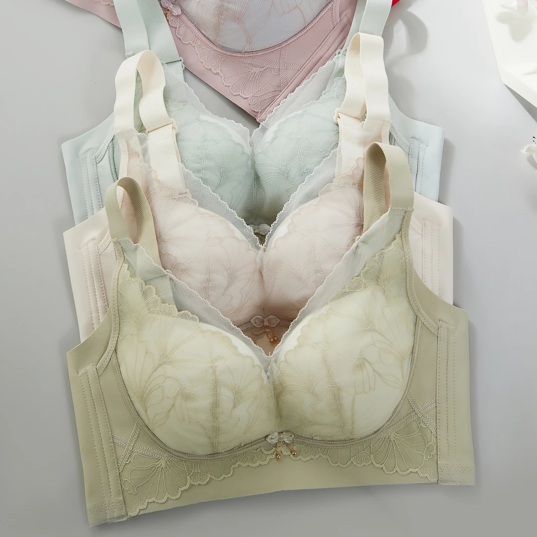 大胸显小无磁无钢圈聚拢收副乳防下垂调整型女士文胸蕾丝吊带