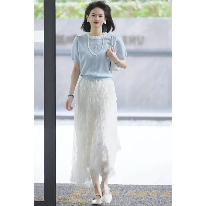 2025夏季钉珠短袖针织开衫皱皱百褶半身裙子温柔轻熟风显瘦两件套