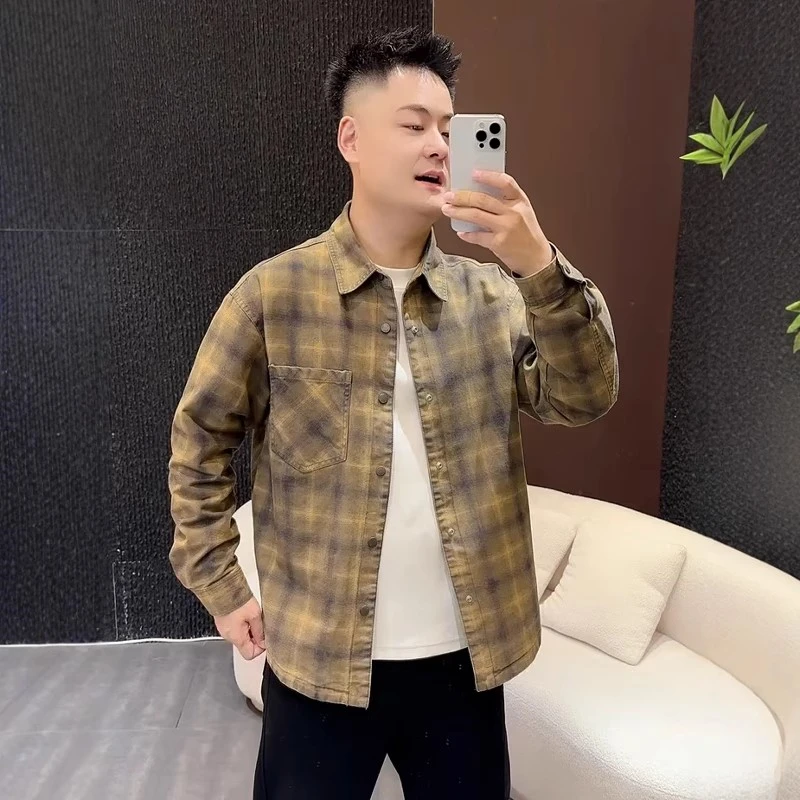 秋季新款牛仔格子翻领衬衫外套男士潮流痞帅时尚百搭宽松夹克上衣