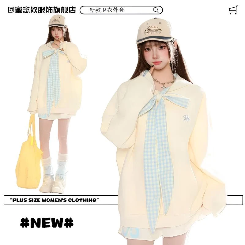 300斤特大码女装设计感甜美学院风蝴蝶结卫衣女2025新款宽松外套