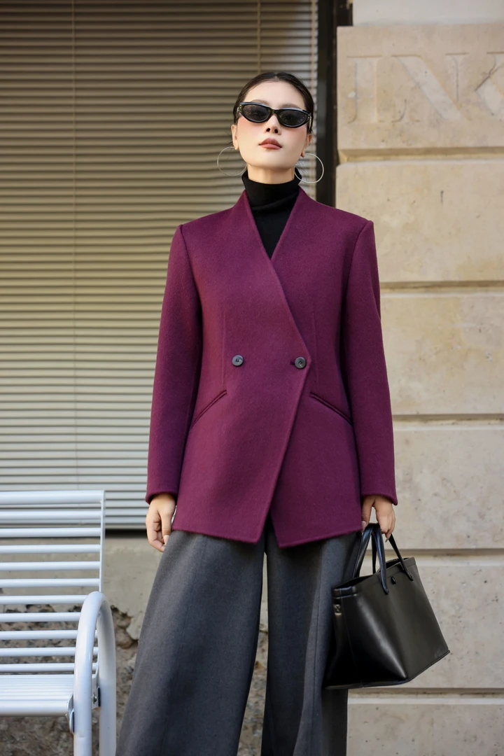 2025秋冬新款收腰显瘦气质百搭毛呢短款V领外套女羊绒呢大衣呢子