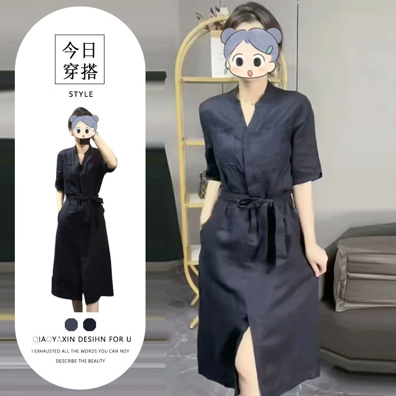 2025年新款藏蓝色V领五分袖连衣裙女夏季收腰显瘦气质简约大摆裙