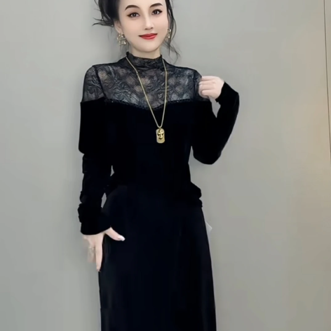 重工穿珠蕾丝拼接丝绒半高领打底衫女士秋冬新款长袖透视蕾丝上衣