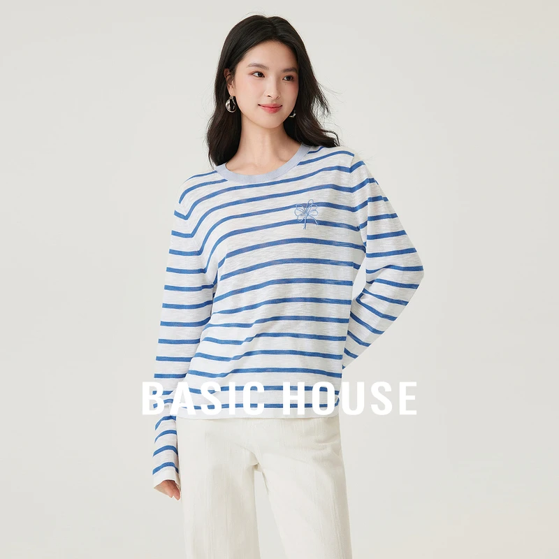Basic House/百家好条纹针织衫女早秋新款蝴蝶结刺绣慵懒宽松上衣