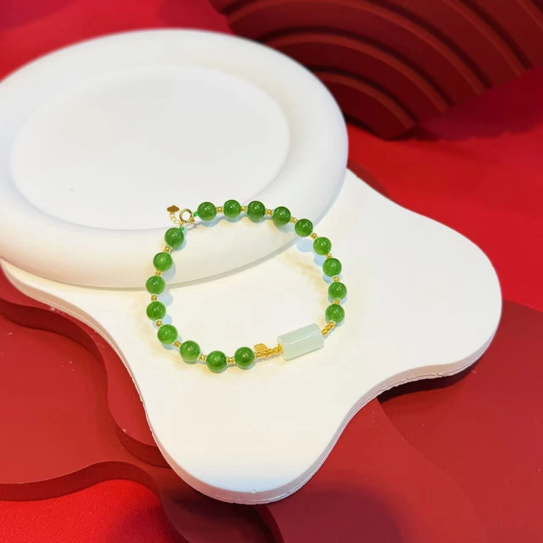 18K金镶嵌白玉直切路路通碧玉手串HNZ14866