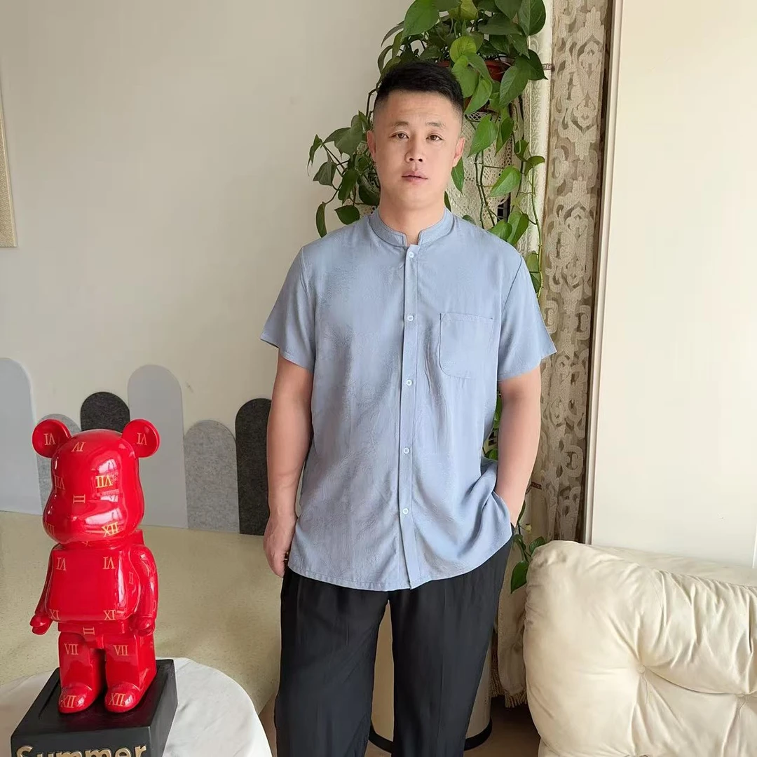 男士提花立领夏季纯色长裤套装绵绸薄款吸汗凉快宽松大码开衫居家