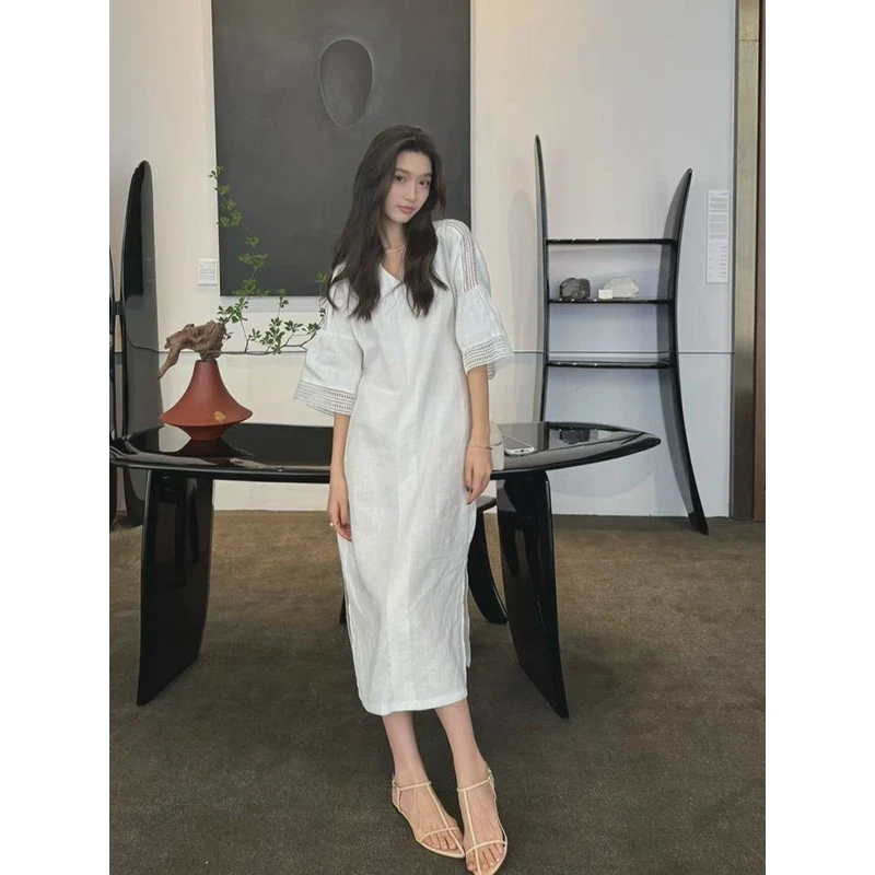 法式白色连衣裙女夏季2024新款宽松设计感小众高级感开叉衬衫裙子