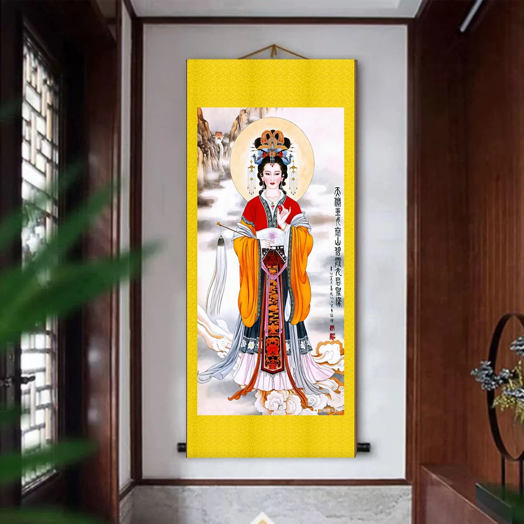 圆轴泰山奶奶碧霞挂画竖款喜庆字画中式入户玄关装饰画转角壁画