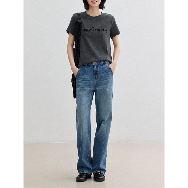 素典【四季常青】春季高腰阔腿裤宽松显瘦垂感蓝色水洗牛仔裤3612