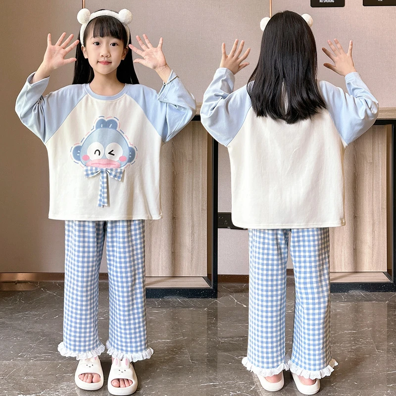 秋季新款女童睡衣儿童长袖纯棉圆领套装中大童女孩可爱洋气家居服