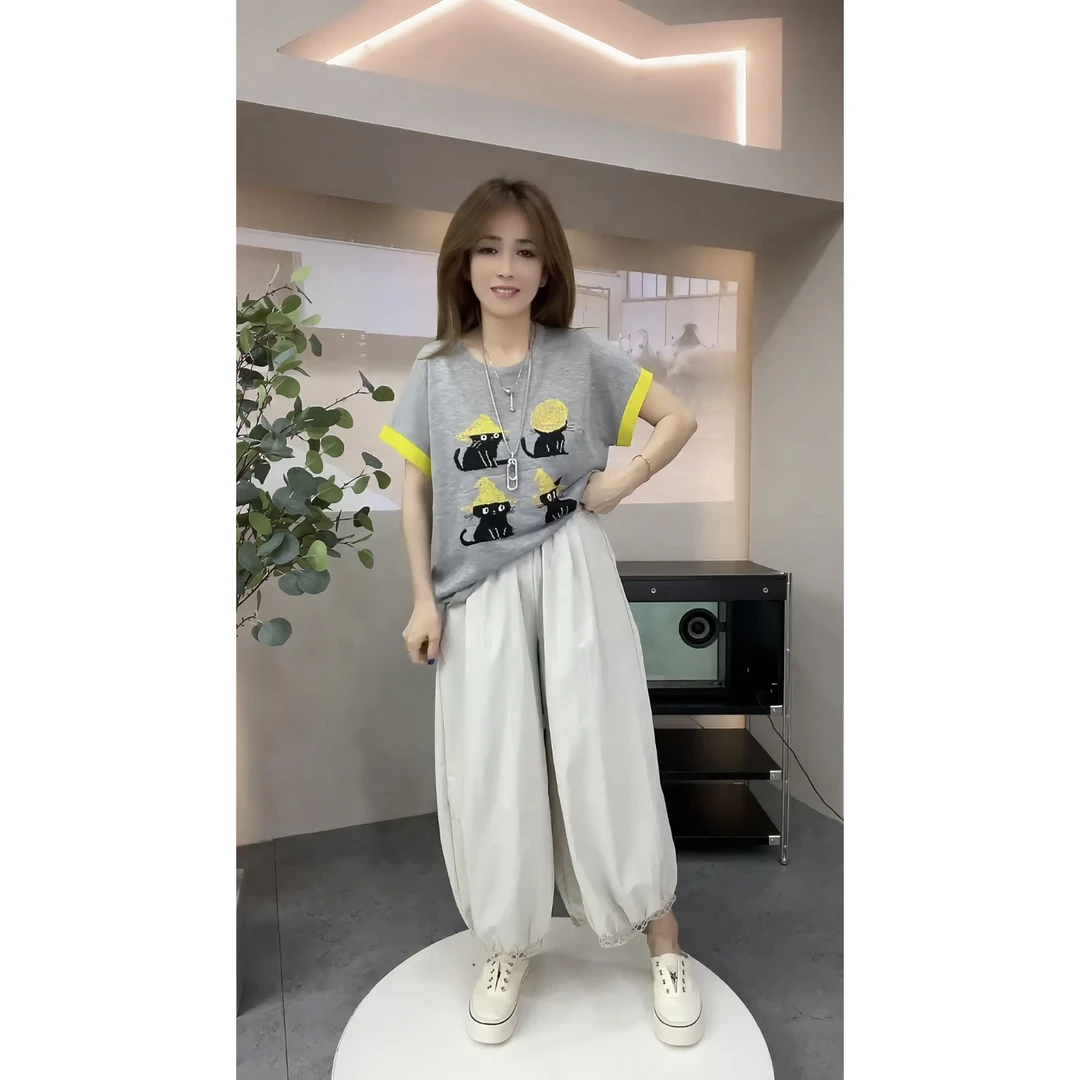 欧货2025夏季灯笼大码女裤显瘦舒适休闲阔腿女款松紧腰百搭裤子