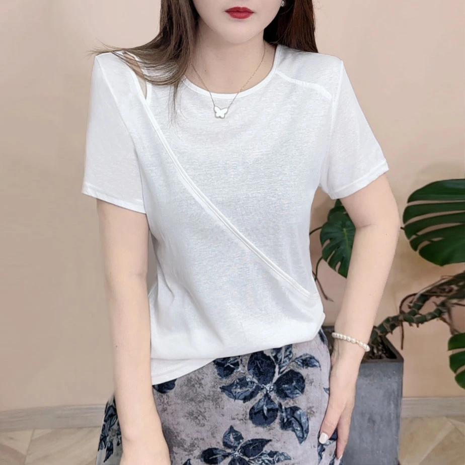 2025夏季新品时尚百搭修身显瘦纯色洋气设计感女士短袖上衣8065