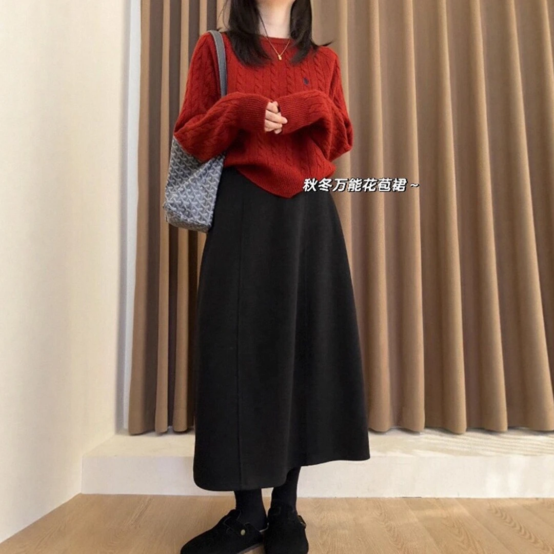 秋冬新款高腰百搭A字花苞半身裙女梨形身材大码显瘦毛呢中长裙子